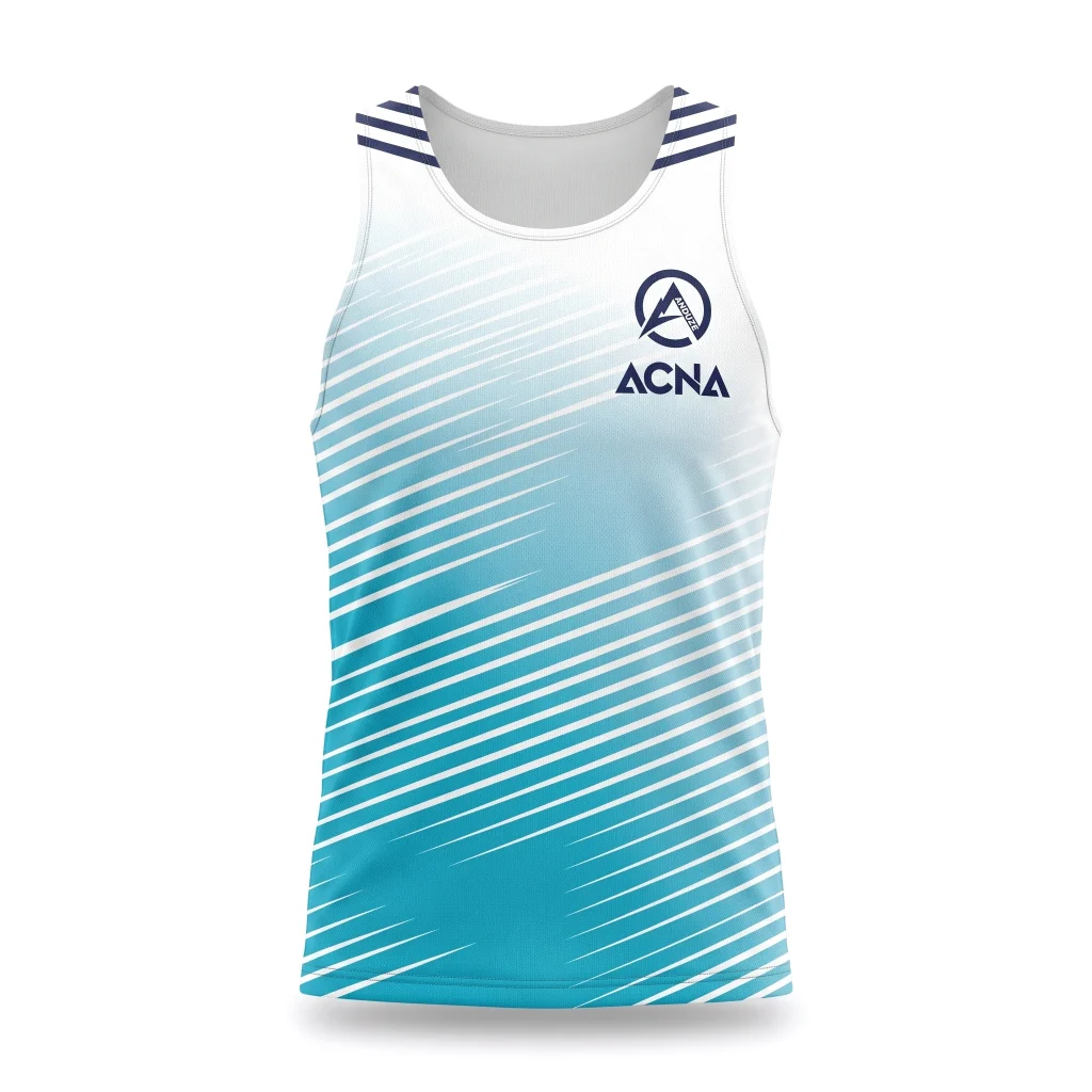 Débardeur ACNA blanc et turquoise, logo ACNA sur la poitrine, vu de face