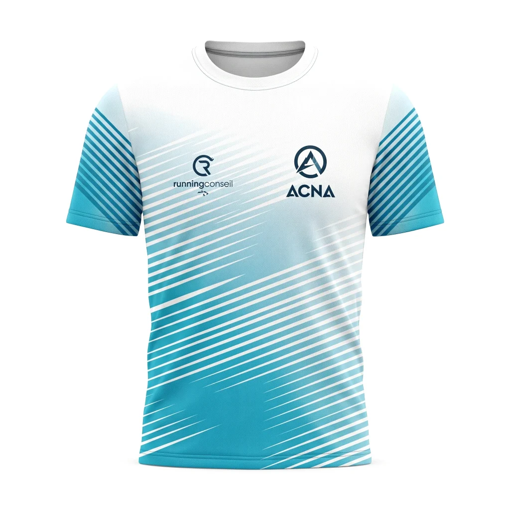 Maillot ACNA blanc, manches et rayures turquoise, logo ACNA