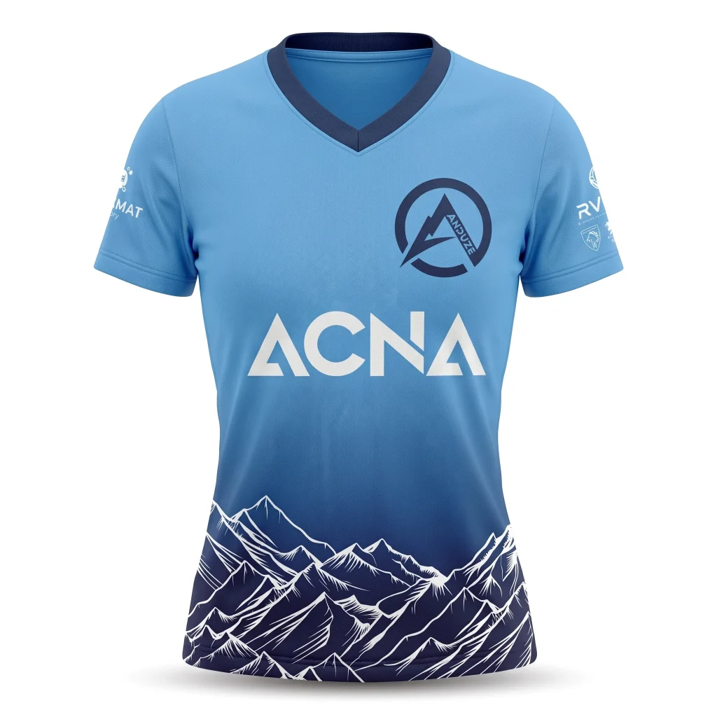 Maillot trail ACNA bleu ciel, col V, logo ACNA et dégradé de montagnes