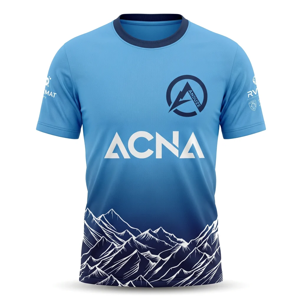 Maillot trail ACNA bleu ciel, col rond, logo ACNA et dégradé de montagnes